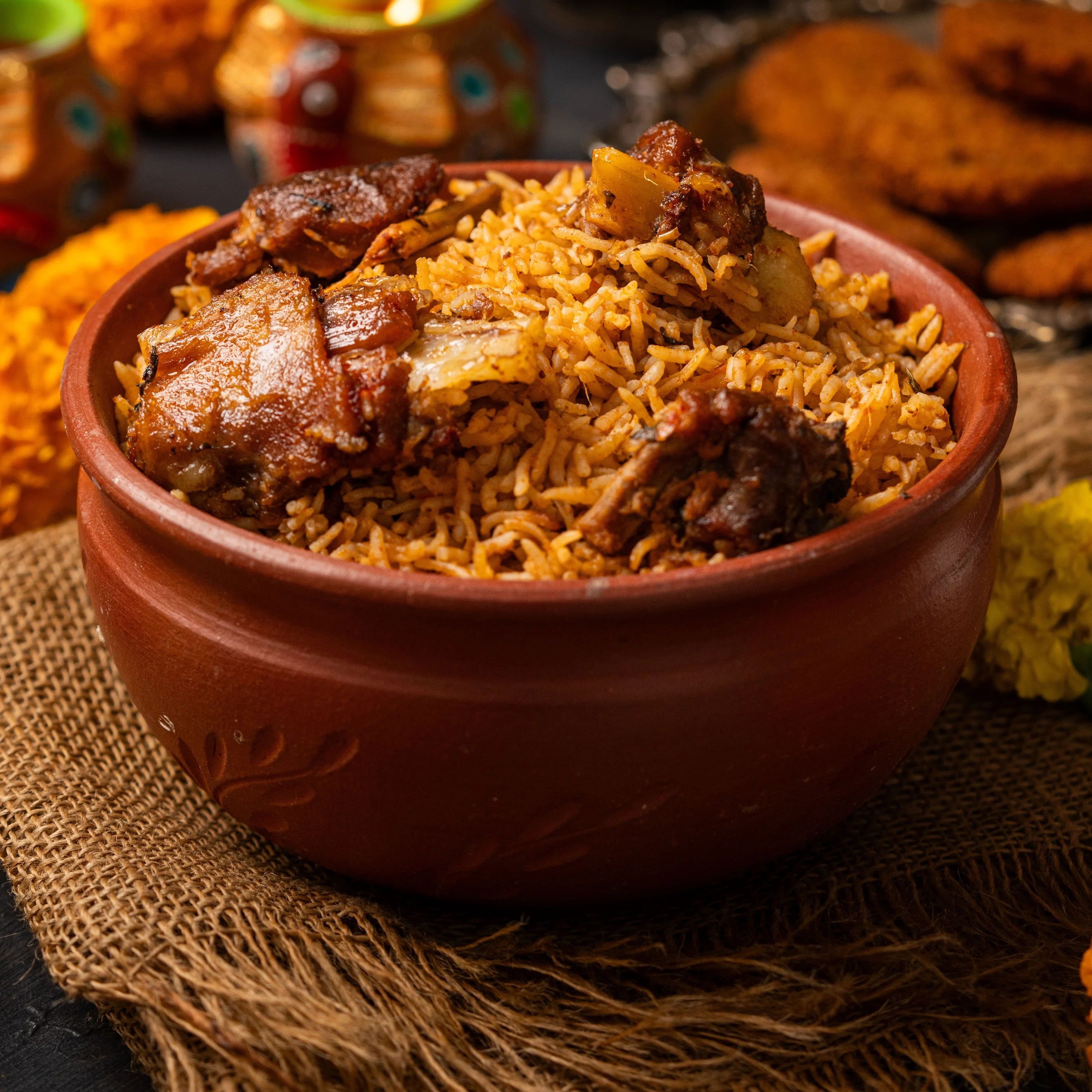 Beef biryani with a side of cucumbre salad